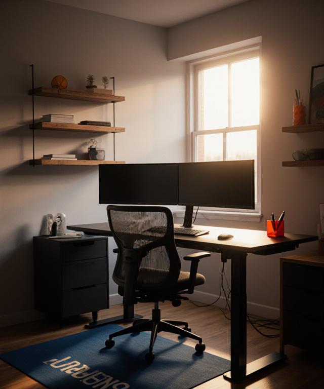 Modern home office setup with dual monitors and organized shelving in a Kansas City home