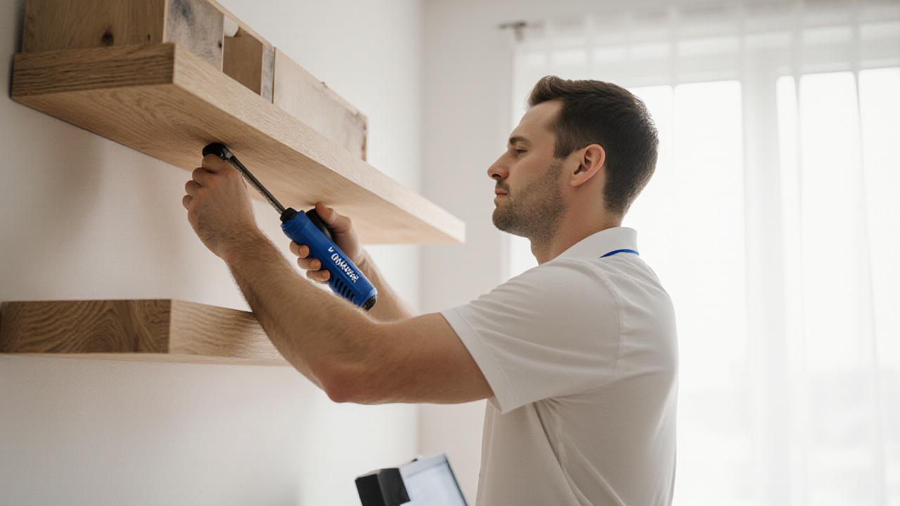 Professional handyman in Kansas City installing a shelf in a modern home office