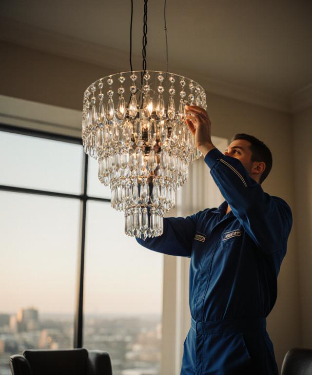 Professional electrician installing a high-end chandelier in a Kansas City dining room